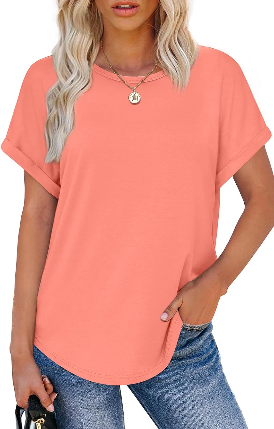 Womens T Shirts Crew Neck Rolled Short Sleeve Basic Summer Tees Curved Hem