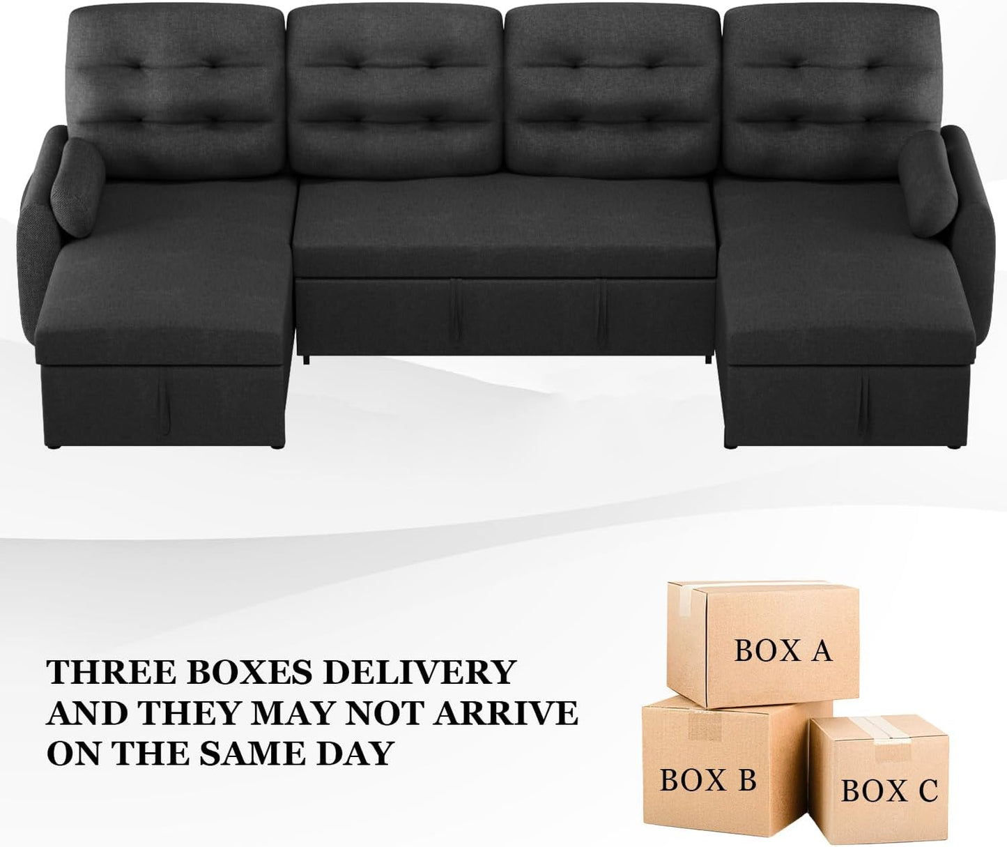 Sectional Sleeper Sofa with Storage Chaise USB Port, Side Pocket Removable Back 87" Couch in Black Linen