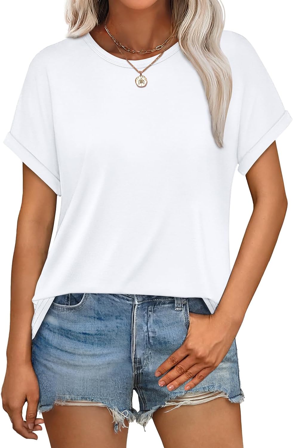 Womens T Shirts Crew Neck Rolled Short Sleeve Basic Summer Tees Curved Hem