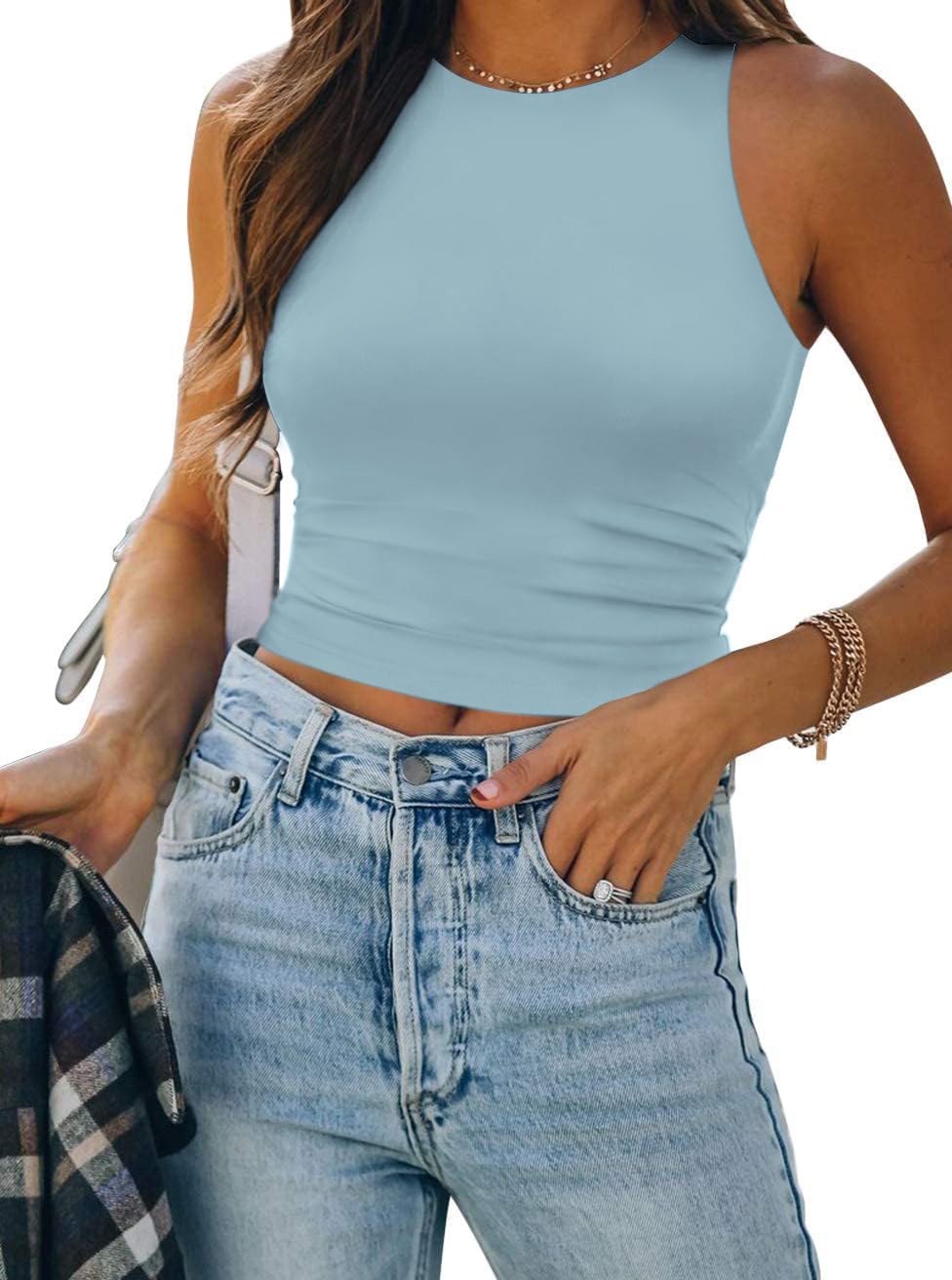 Womens Double Lined Crop Tank Tops Casual Basic Shirts Sleeveless Tops