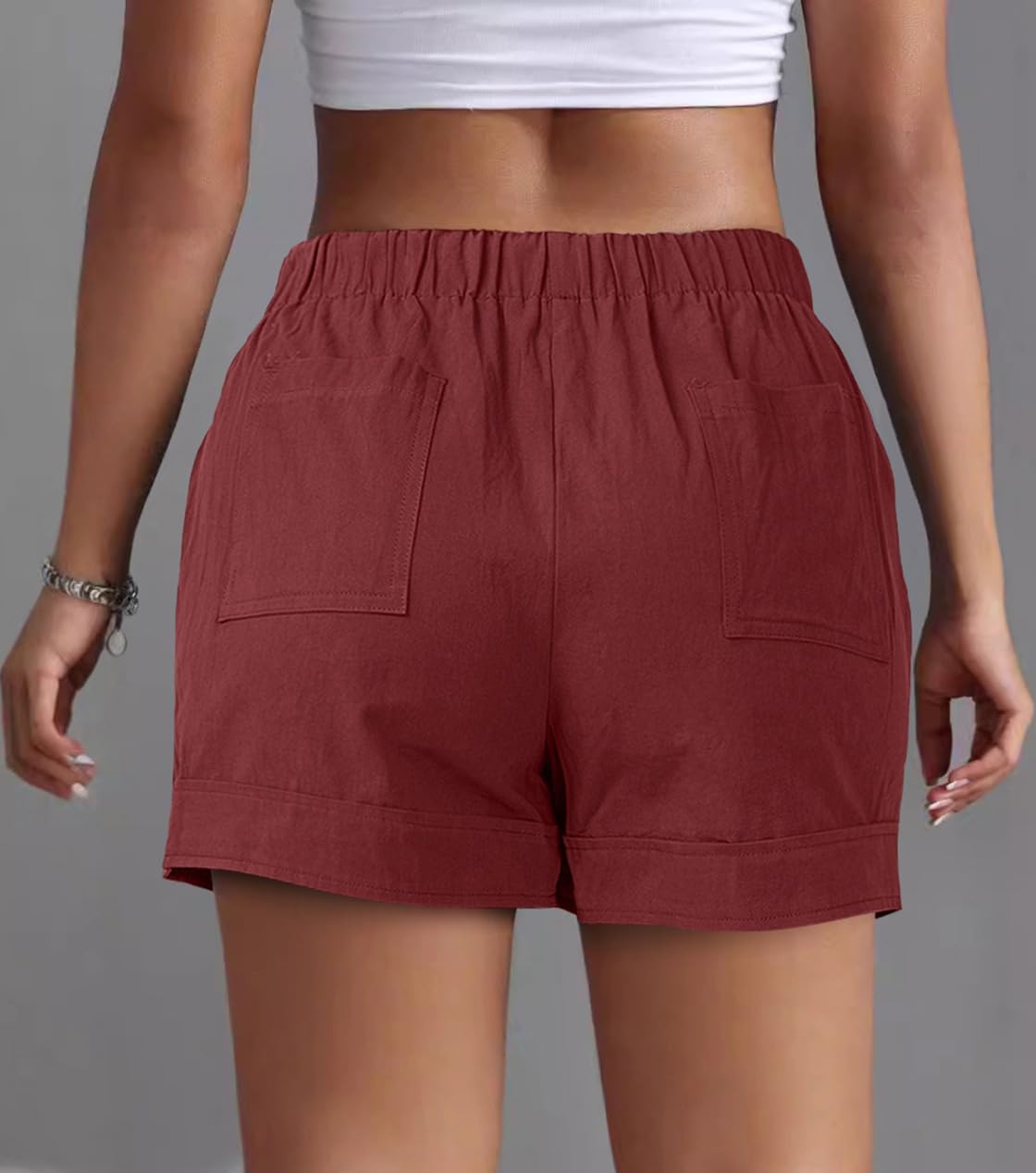 Womens Shorts Summer Comfy Cotton Elastic Waist Drawstring Casual Shorts with Pockets