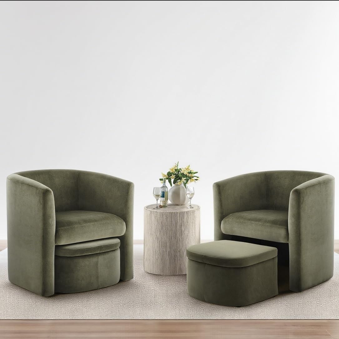 COLAMY Upholstered Velvet Barrel Accent Chair with Storage Ottoman