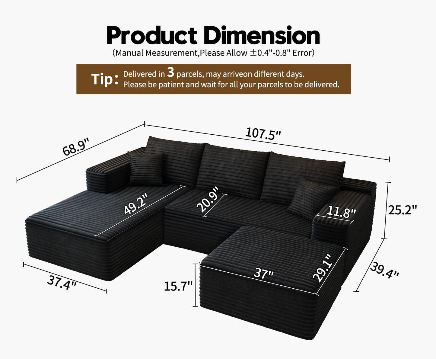 107.5" Cloud Modular Sectional Sofa with 1 Ottoman