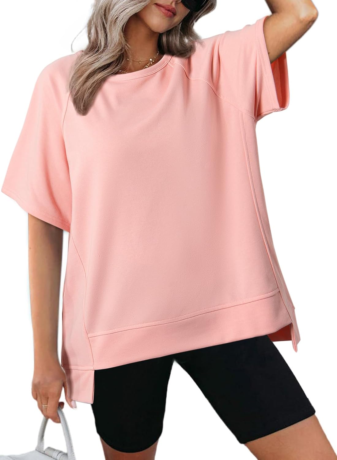 Crewneck Short Sleeve Casual Summer Tops Lightweight Loose High Low Blouse