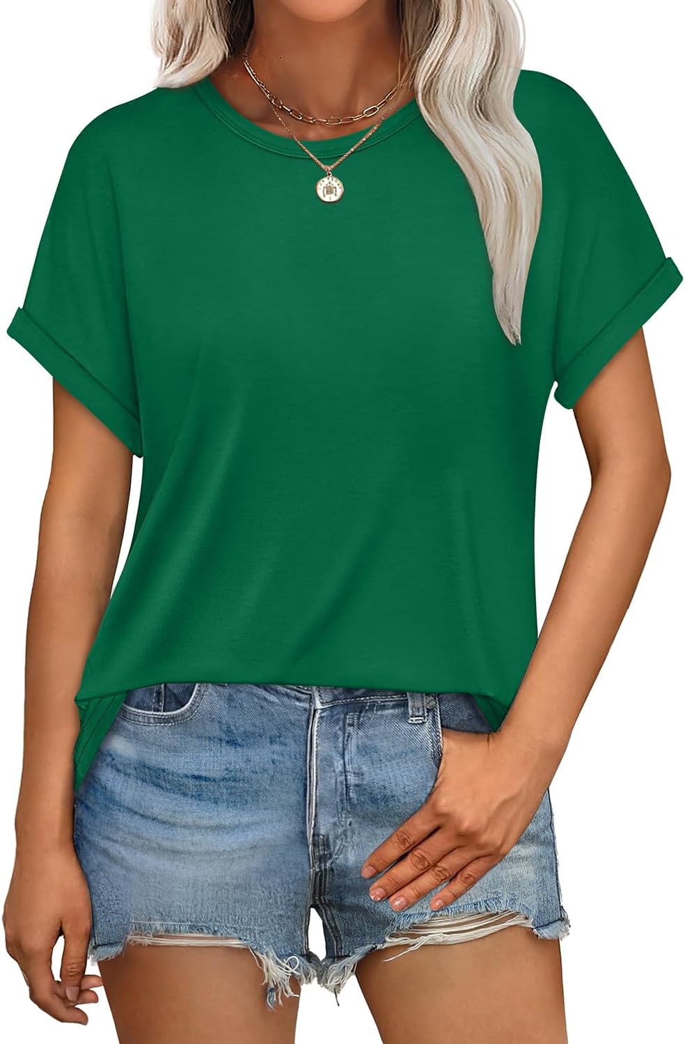 Womens T Shirts Crew Neck Rolled Short Sleeve Basic Summer Tees Curved Hem