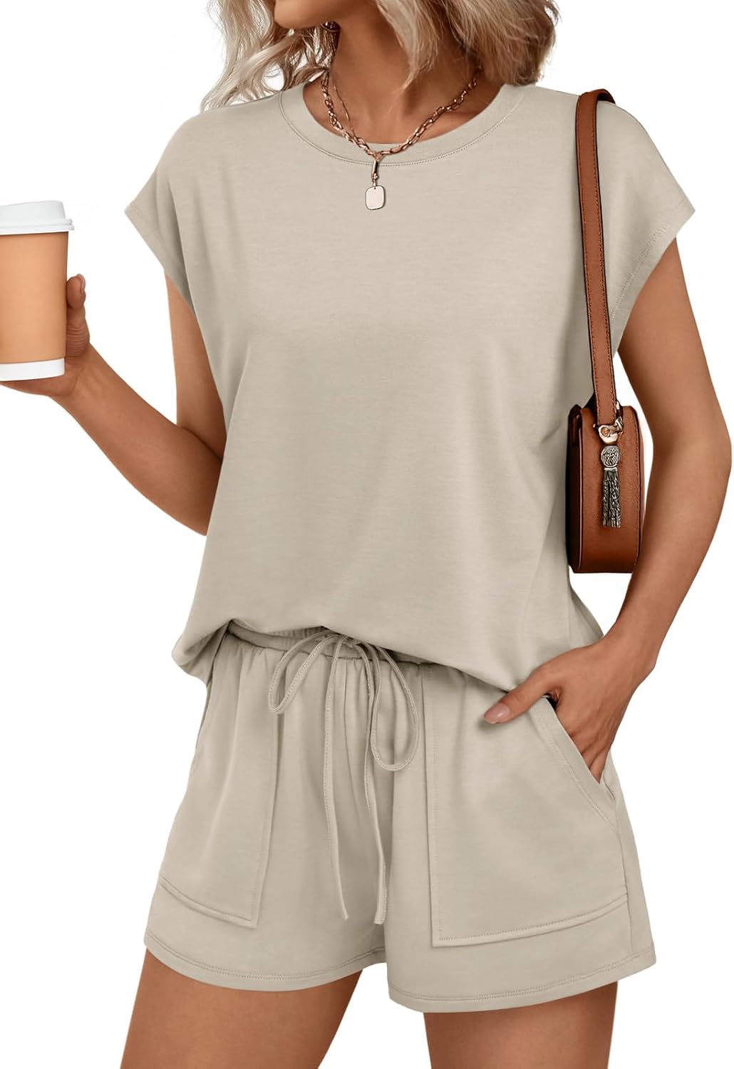 Womens Crew Neck Two Piece short Sets Cap Sleeve Drawstring Sweatsuit with Pocket