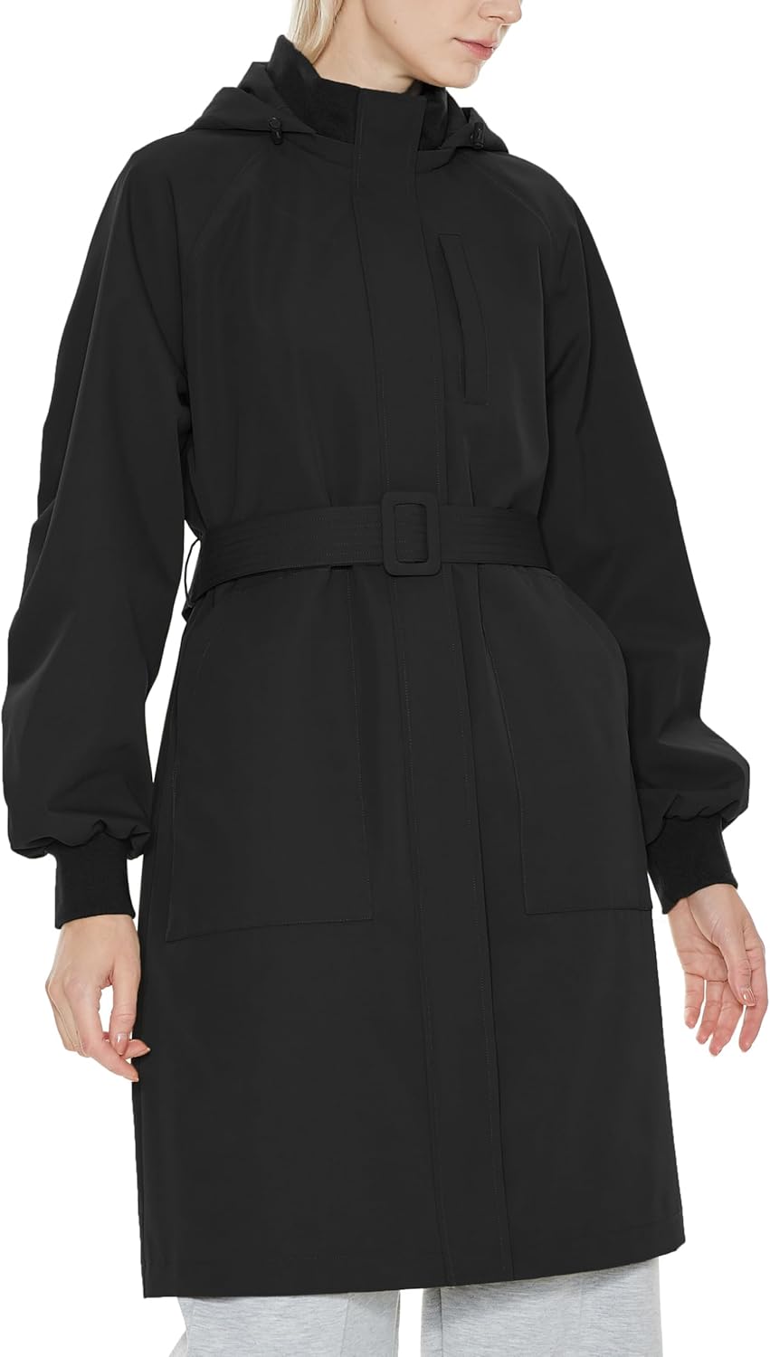 Womens Casual Hooded Raincoat Lightweight Long Zip Up Windbreaker Jacket with Belt