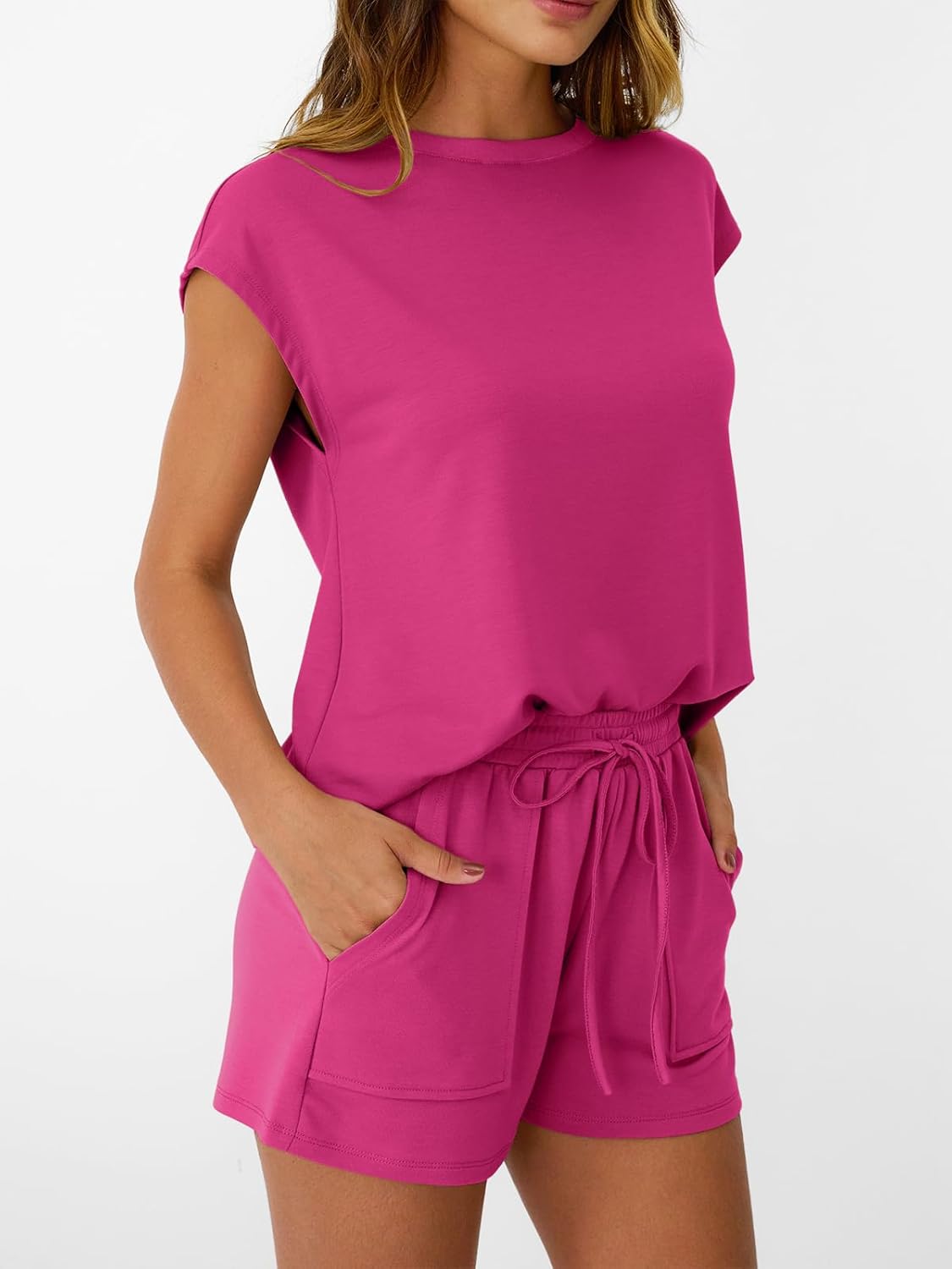 Womens Crew Neck Two Piece short Sets Cap Sleeve Drawstring Sweatsuit with Pocket