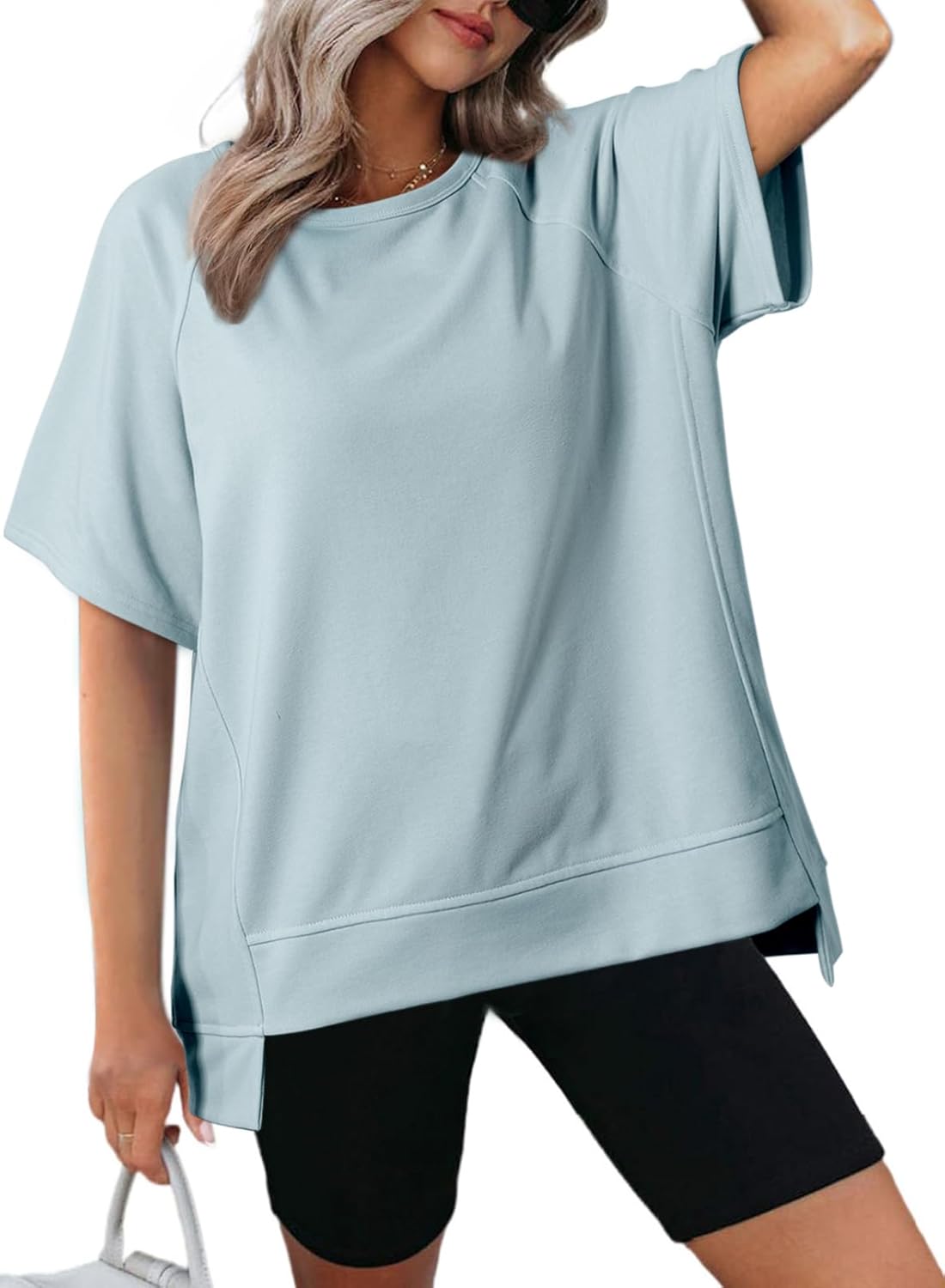 Crewneck Short Sleeve Casual Summer Tops Lightweight Loose High Low Blouse