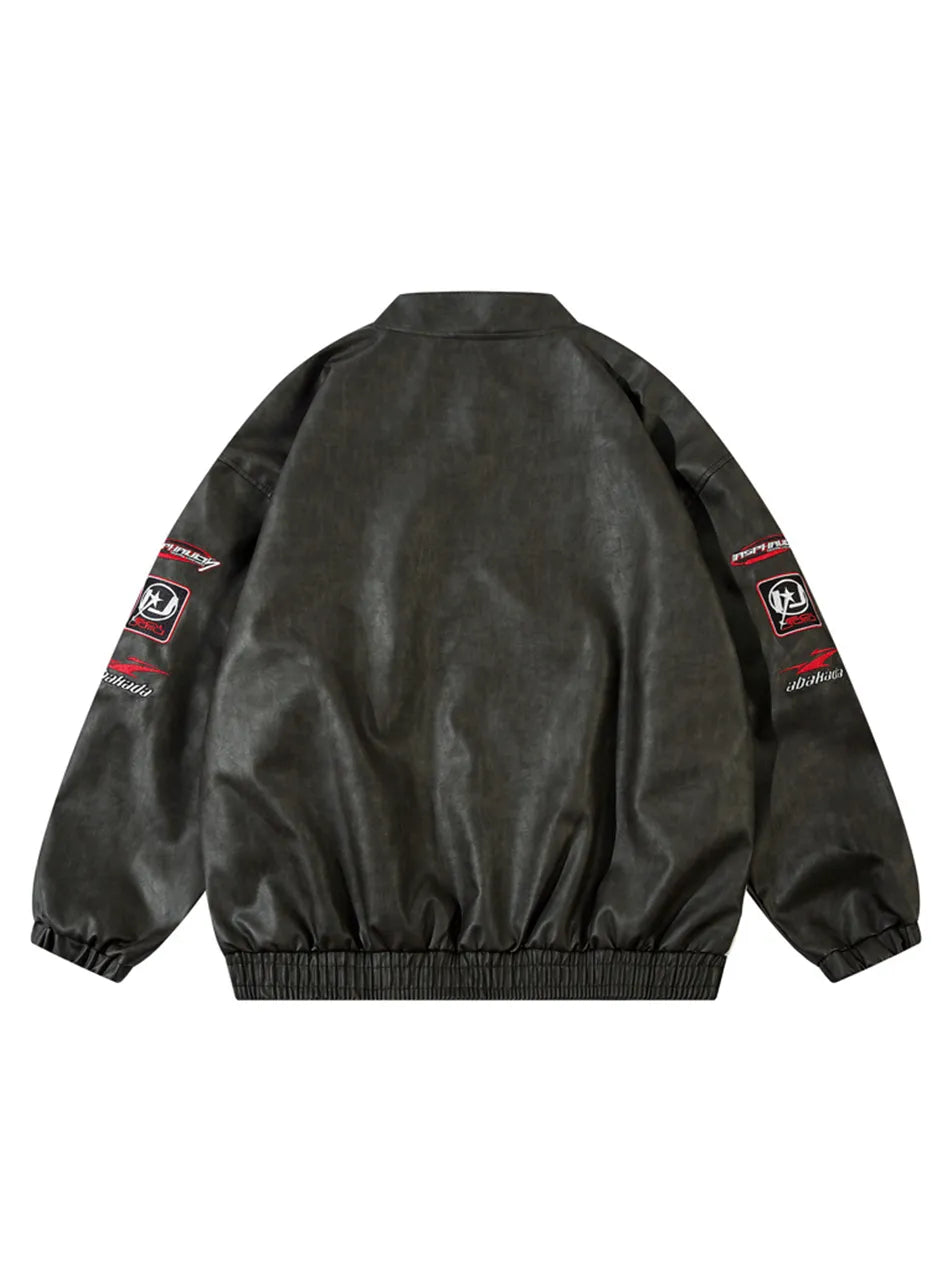 Letter & Racing Car Printed Faux Leather Jacket for Men