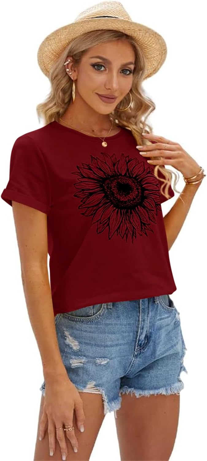 Women's T Shirts Short Sleeve Tees Sunflower Graphic Loose Summer Tops