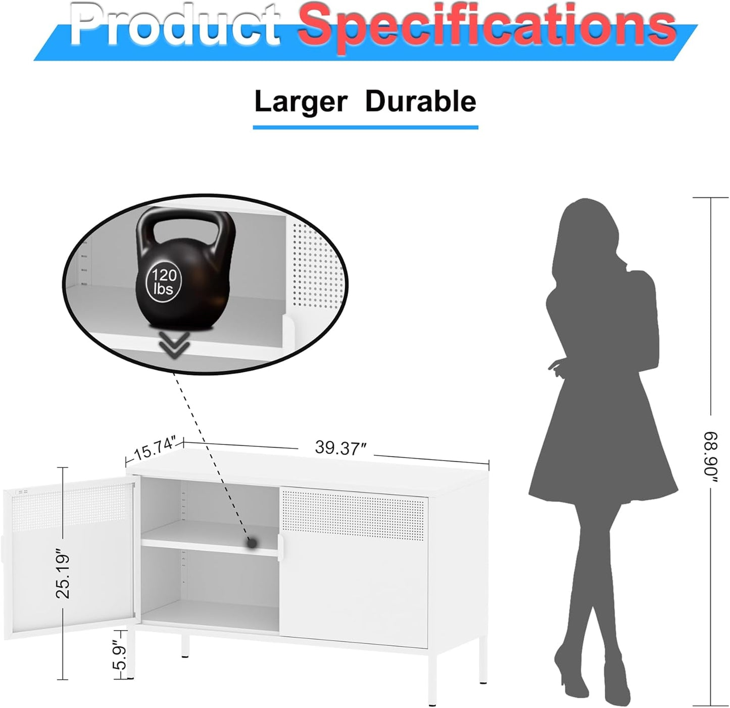 2 Door Storage Sideboard Metal Storage Cabinet with 2 Adjustable Shelf