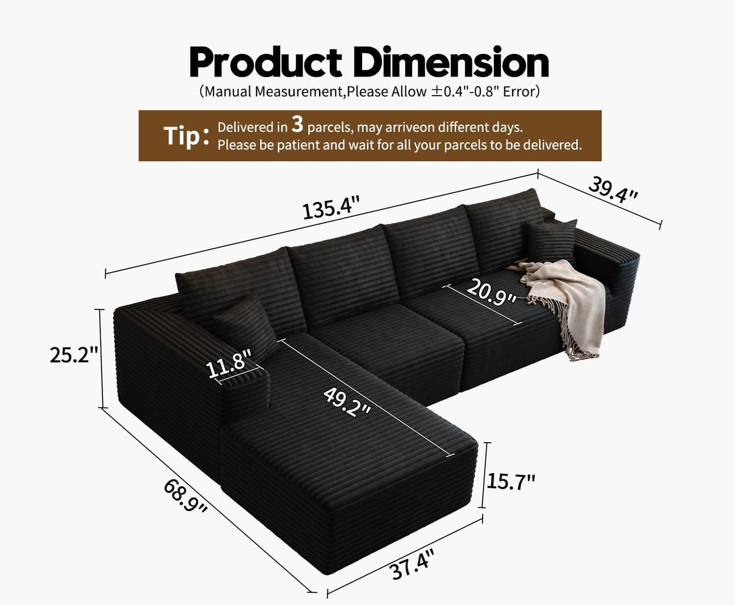 107.5" Cloud Modular Sectional Sofa with 1 Ottoman
