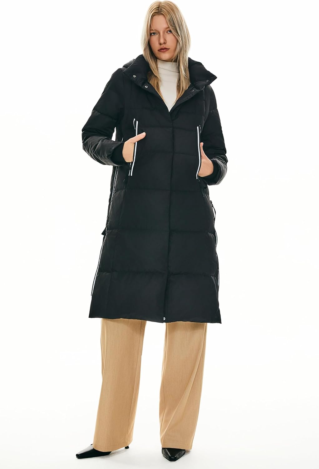Womens Thickened Long Down Jacket Hooded Winter Puffer Coat with Side Zipper