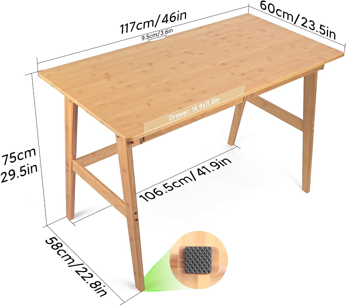 Writing Computer Desk 46" Bamboo Home Office Table with 2 Drawers