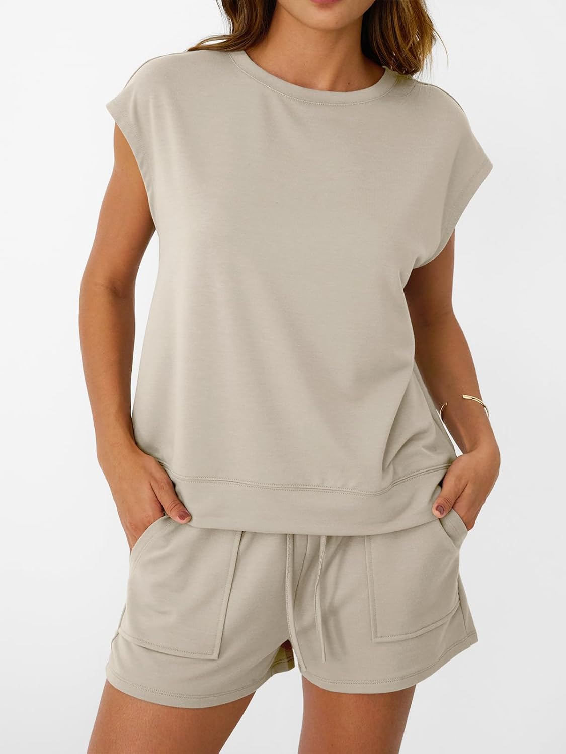 Womens Crew Neck Two Piece short Sets Cap Sleeve Drawstring Sweatsuit with Pocket