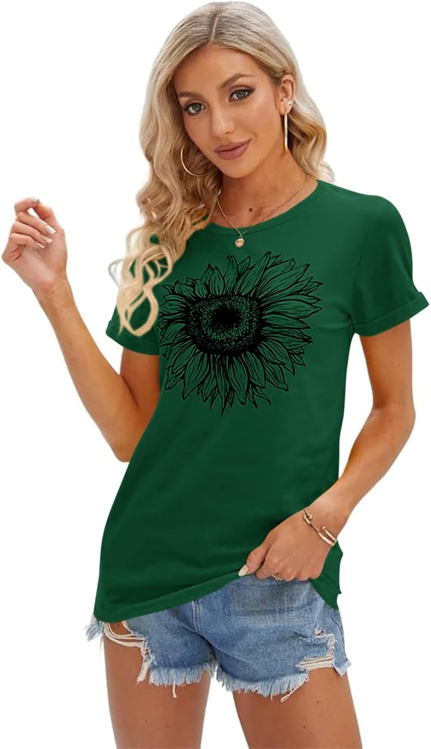Women's T Shirts Short Sleeve Tees Sunflower Graphic Loose Summer Tops