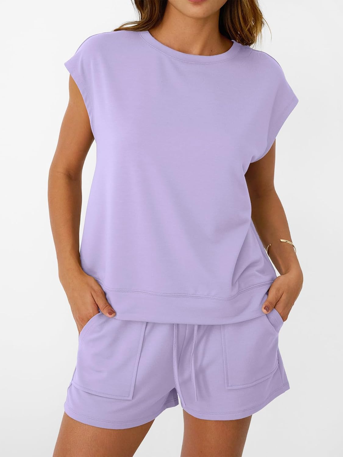 Womens Crew Neck Two Piece short Sets Cap Sleeve Drawstring Sweatsuit with Pocket