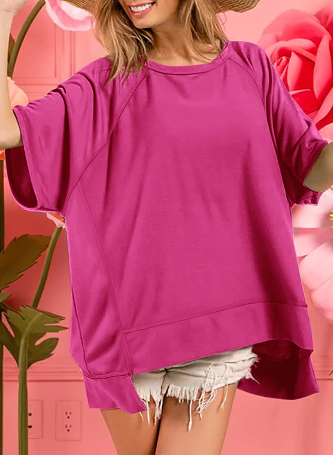 Crewneck Short Sleeve Casual Summer Tops Lightweight Loose High Low Blouse