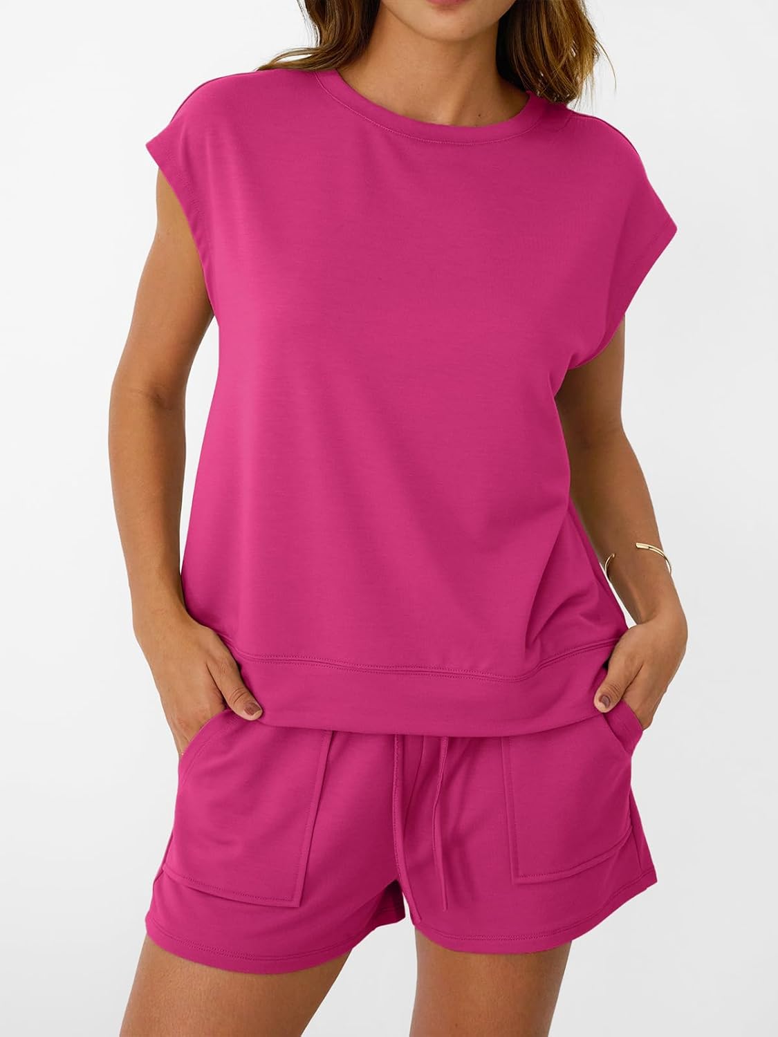 Womens Crew Neck Two Piece short Sets Cap Sleeve Drawstring Sweatsuit with Pocket