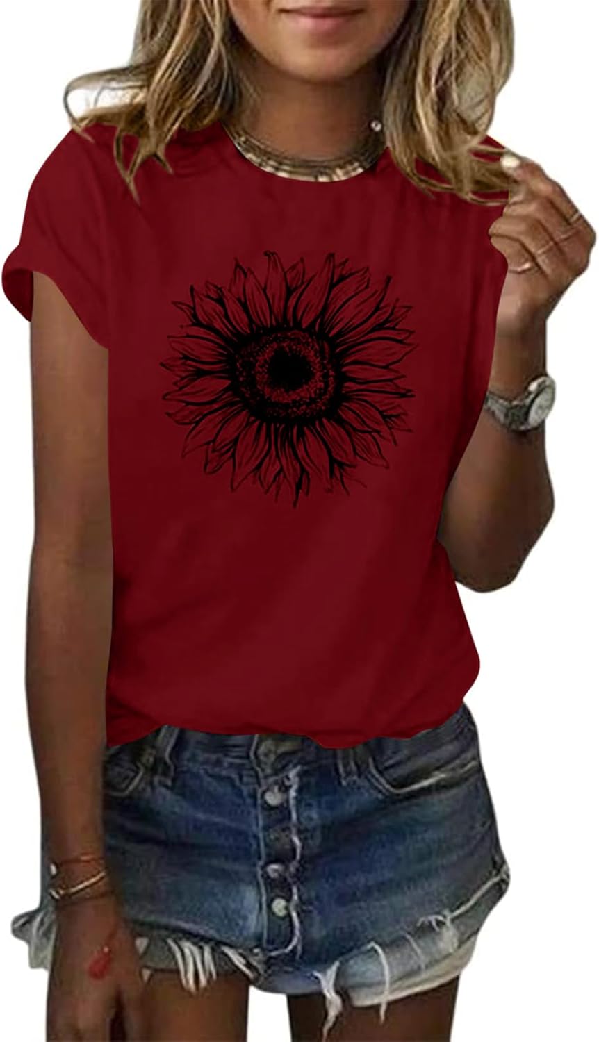 Women's T Shirts Short Sleeve Tees Sunflower Graphic Loose Summer Tops