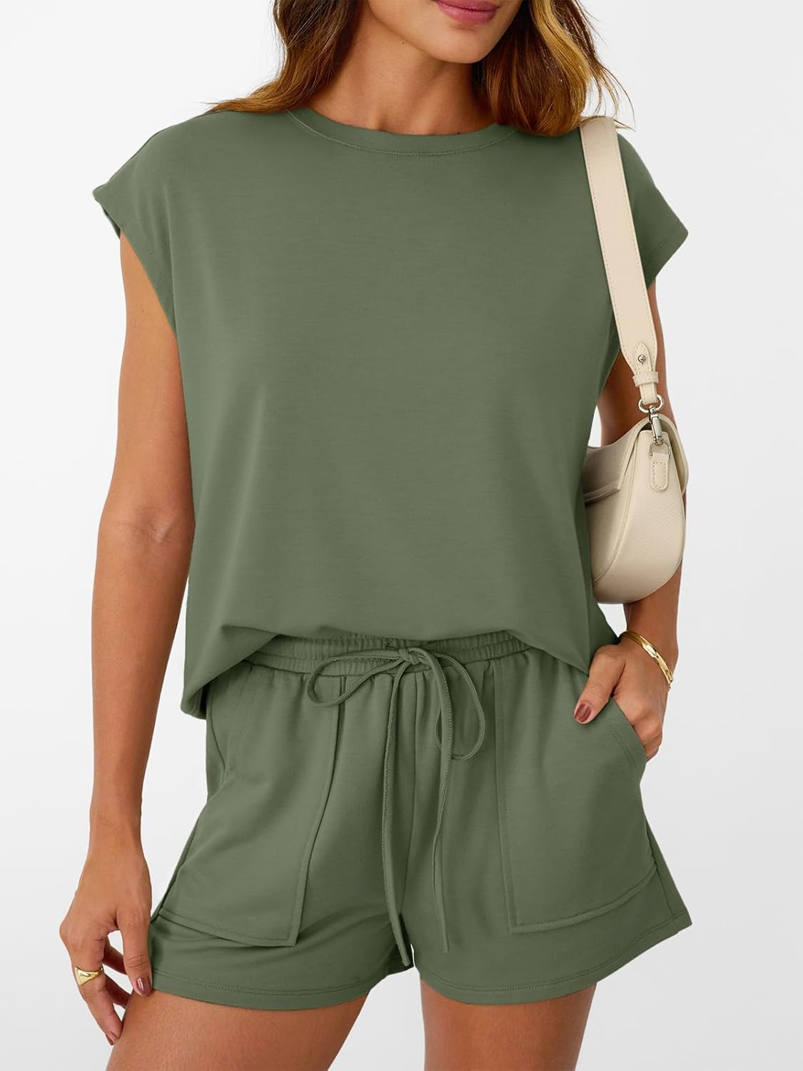 Womens Crew Neck Two Piece short Sets Cap Sleeve Drawstring Sweatsuit with Pocket