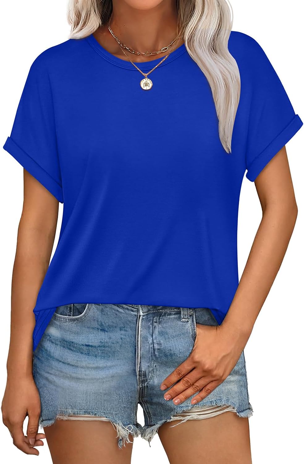 Womens T Shirts Crew Neck Rolled Short Sleeve Basic Summer Tees Curved Hem