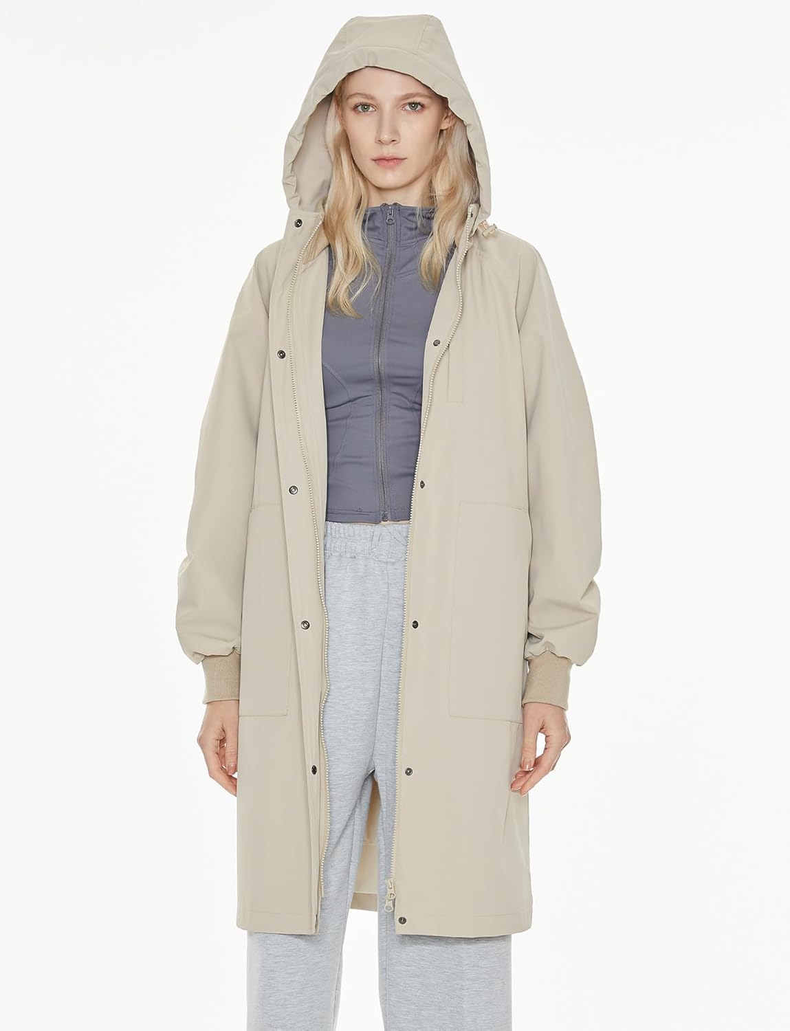 Womens Casual Hooded Raincoat Lightweight Long Zip Up Windbreaker Jacket with Belt