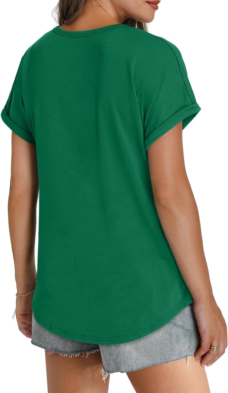 Womens T Shirts Crew Neck Rolled Short Sleeve Basic Summer Tees Curved Hem