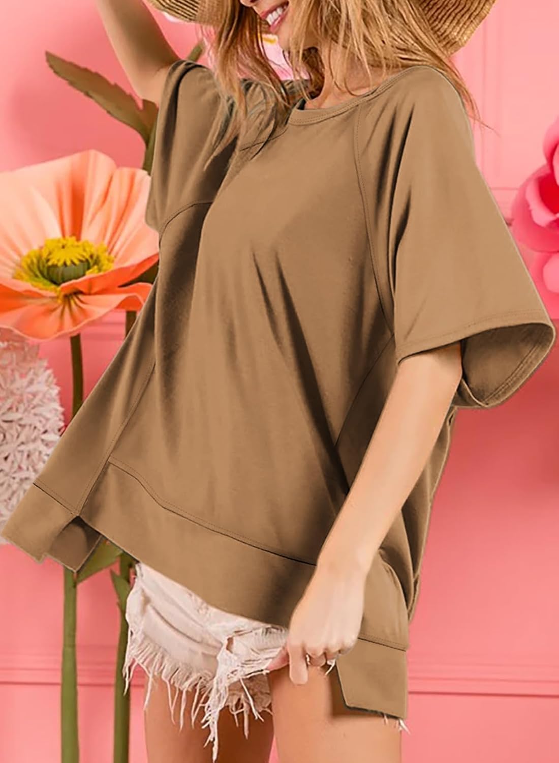 Crewneck Short Sleeve Casual Summer Tops Lightweight Loose High Low Blouse