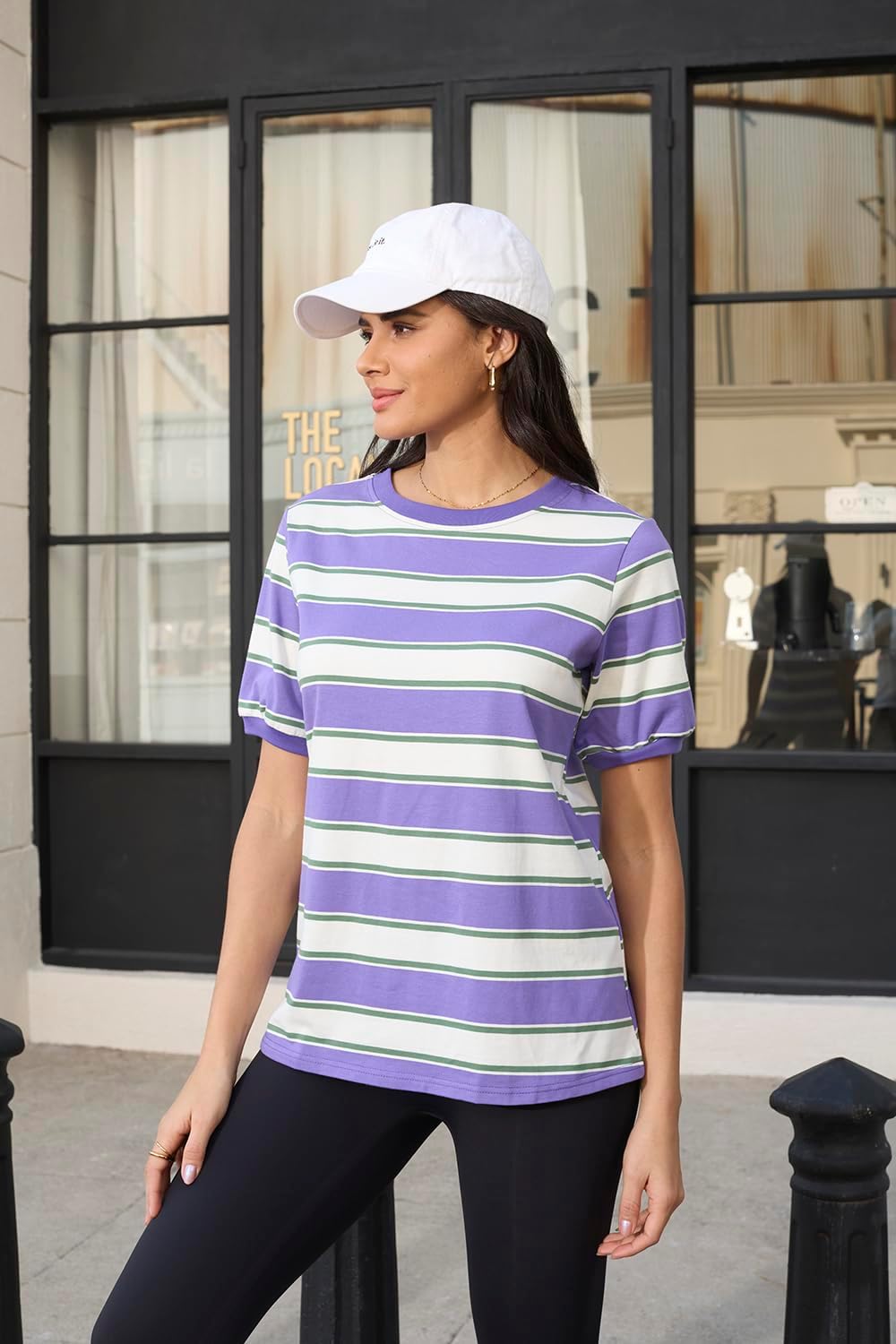 Womens Tops Cotton Casual Color Block Striped Short Sleeve Shirts Crewneck T Shirts