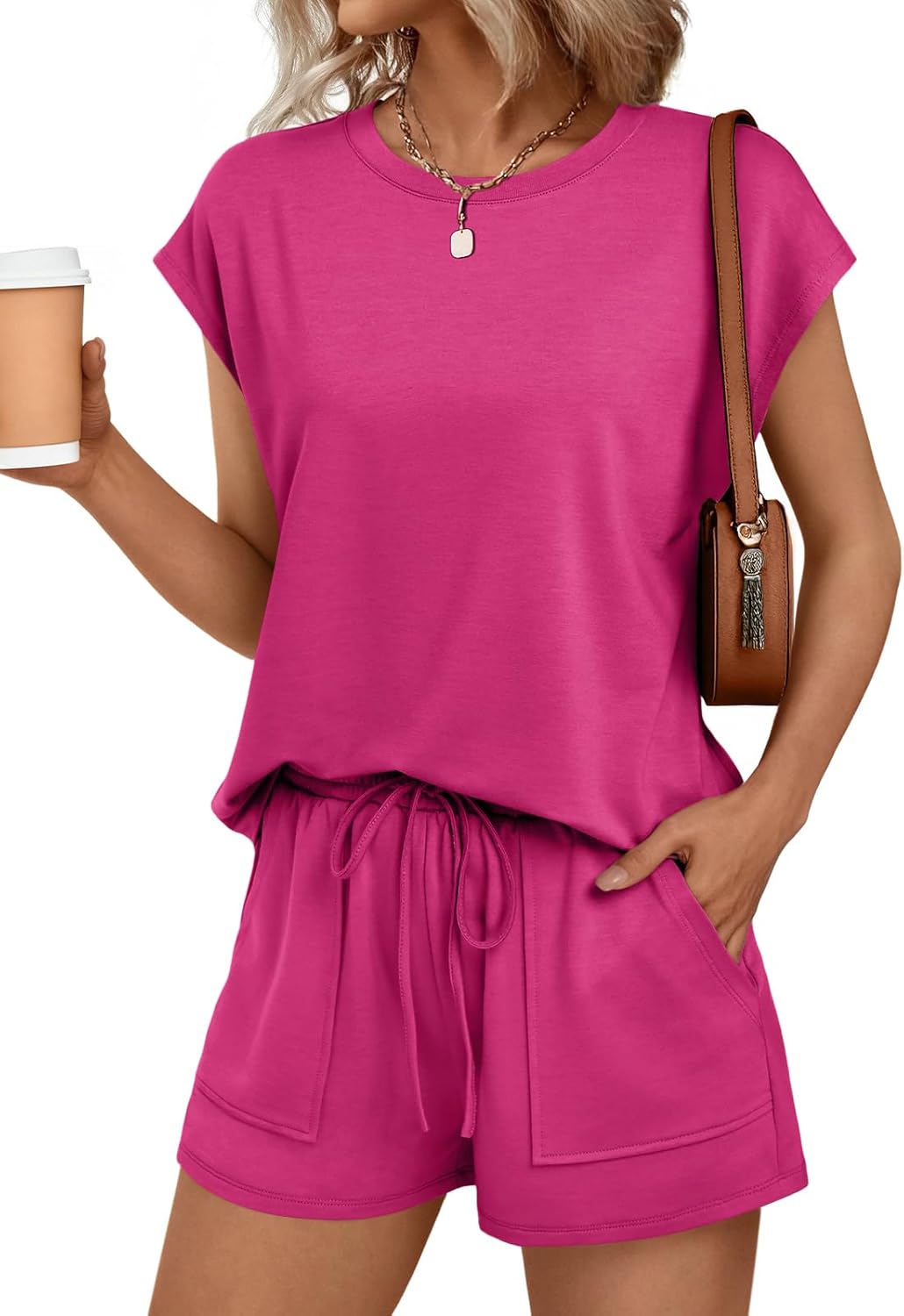 Womens Crew Neck Two Piece short Sets Cap Sleeve Drawstring Sweatsuit with Pocket