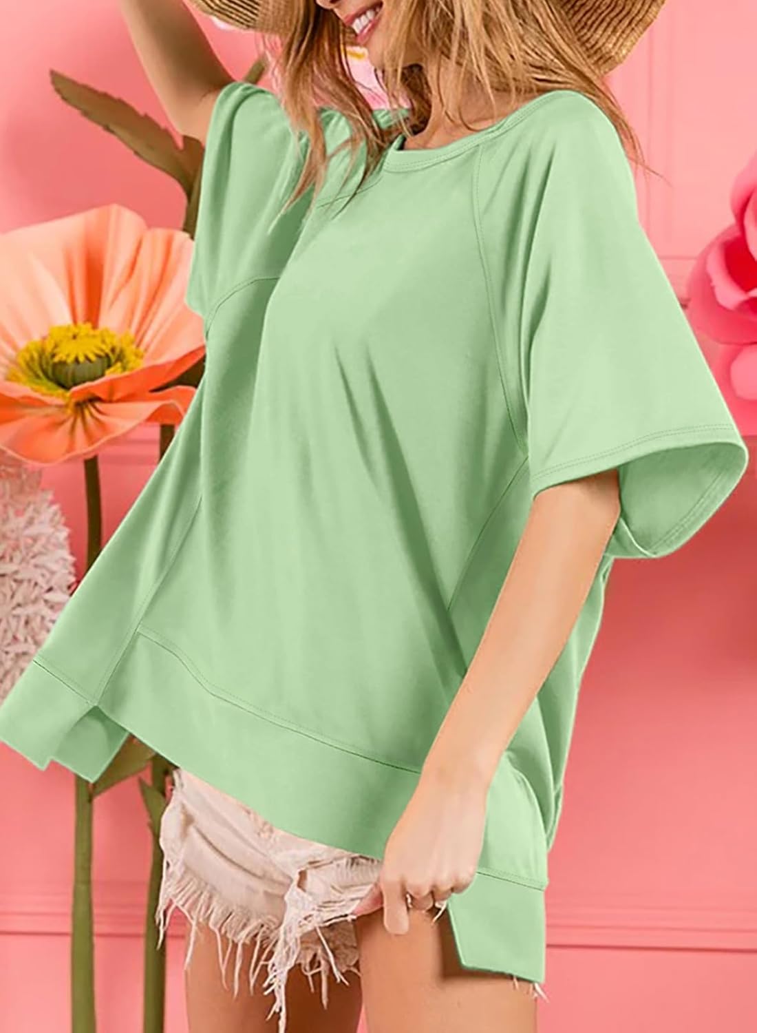 Crewneck Short Sleeve Casual Summer Tops Lightweight Loose High Low Blouse
