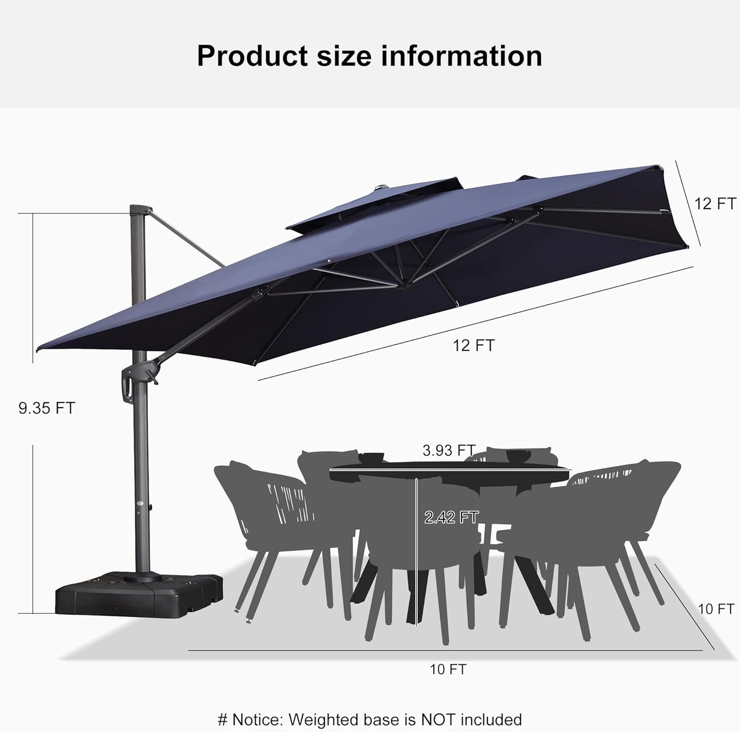 12ft Patio Umbrella with Base Large Outdoor Square Umbrella