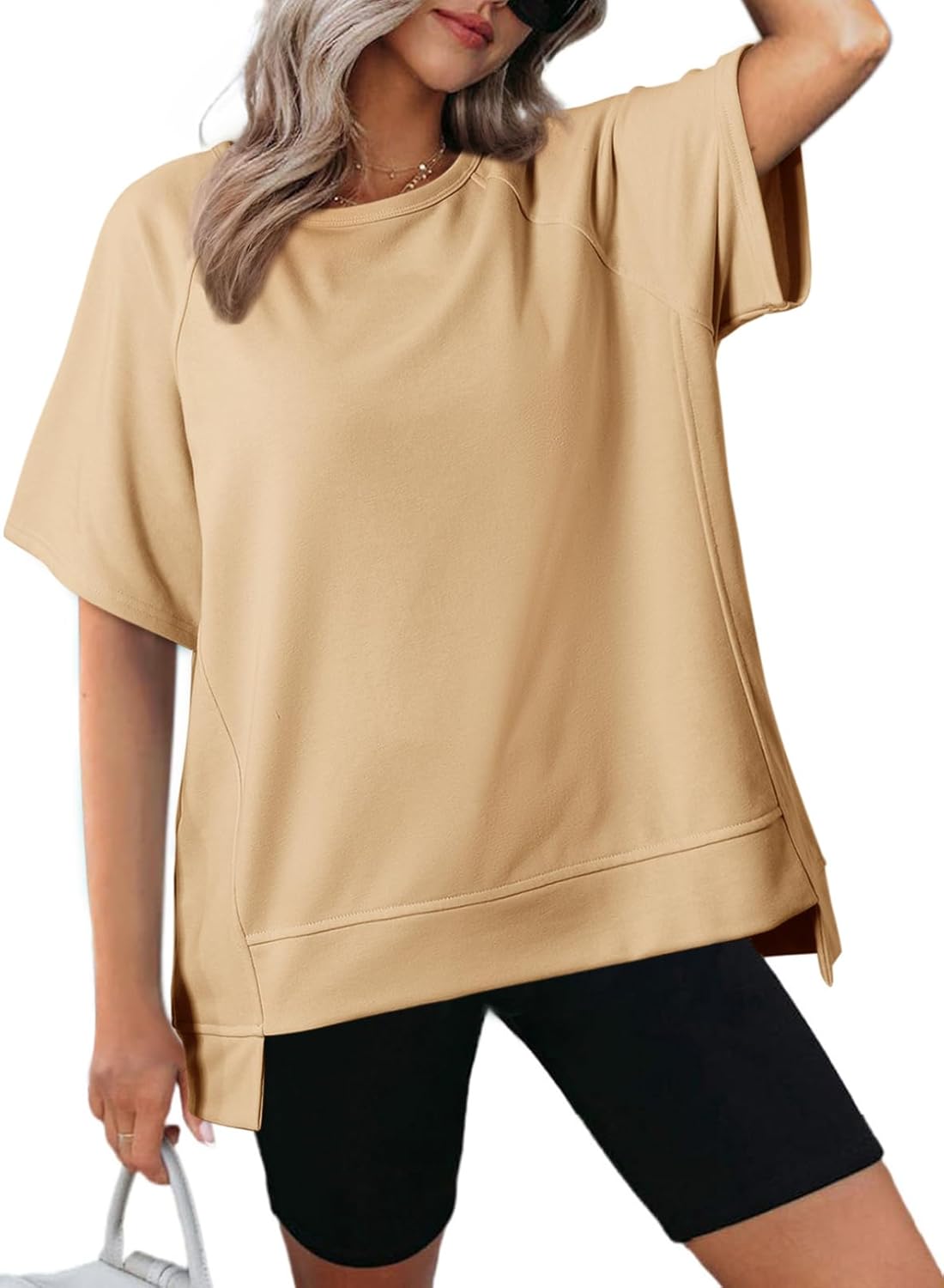 Crewneck Short Sleeve Casual Summer Tops Lightweight Loose High Low Blouse