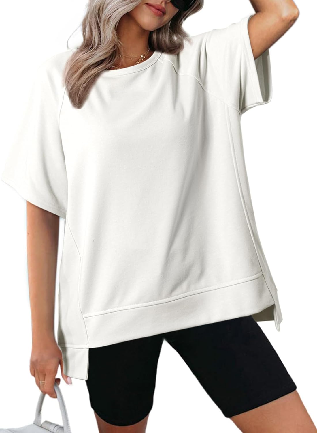 Crewneck Short Sleeve Casual Summer Tops Lightweight Loose High Low Blouse