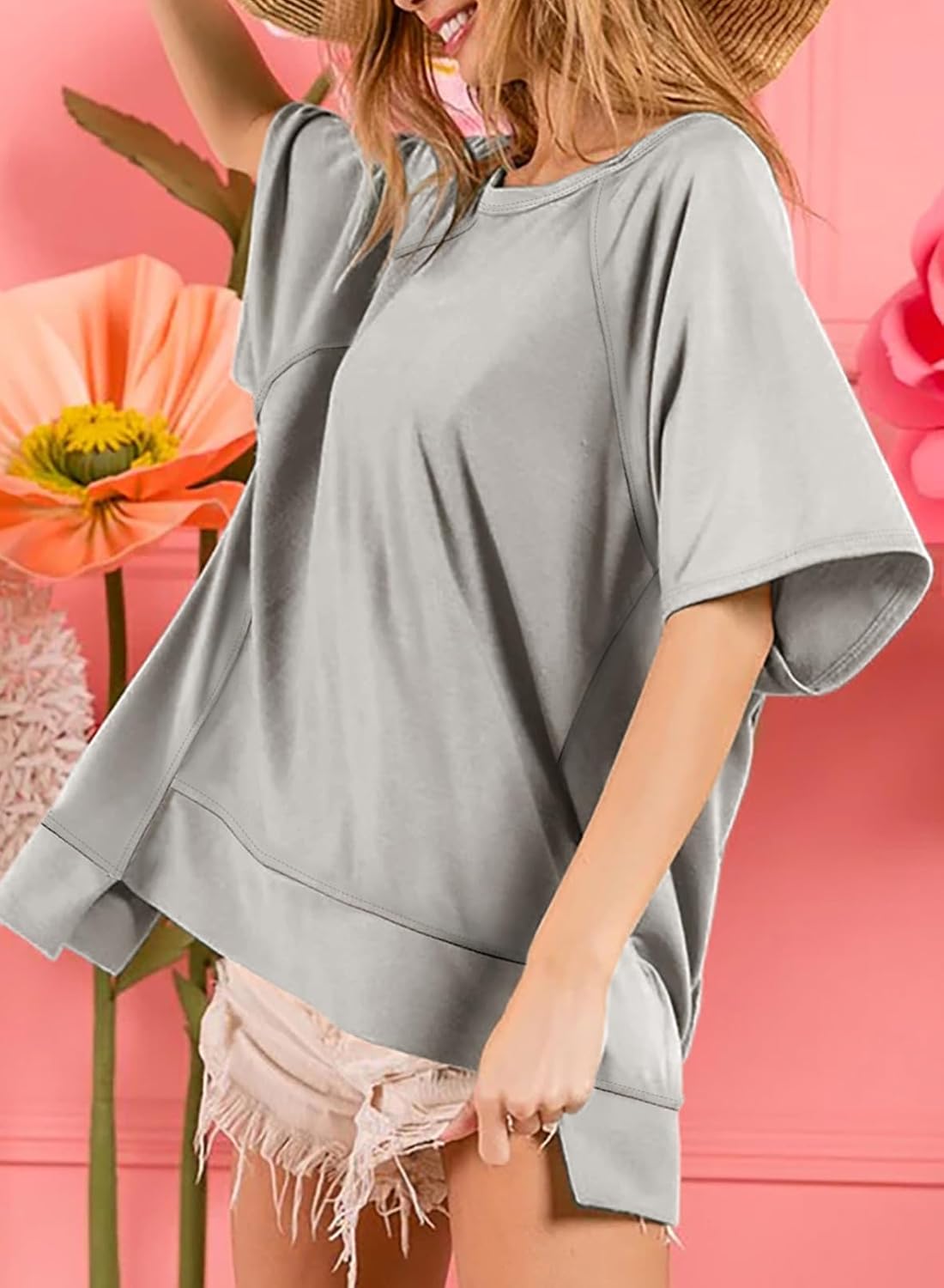 Crewneck Short Sleeve Casual Summer Tops Lightweight Loose High Low Blouse