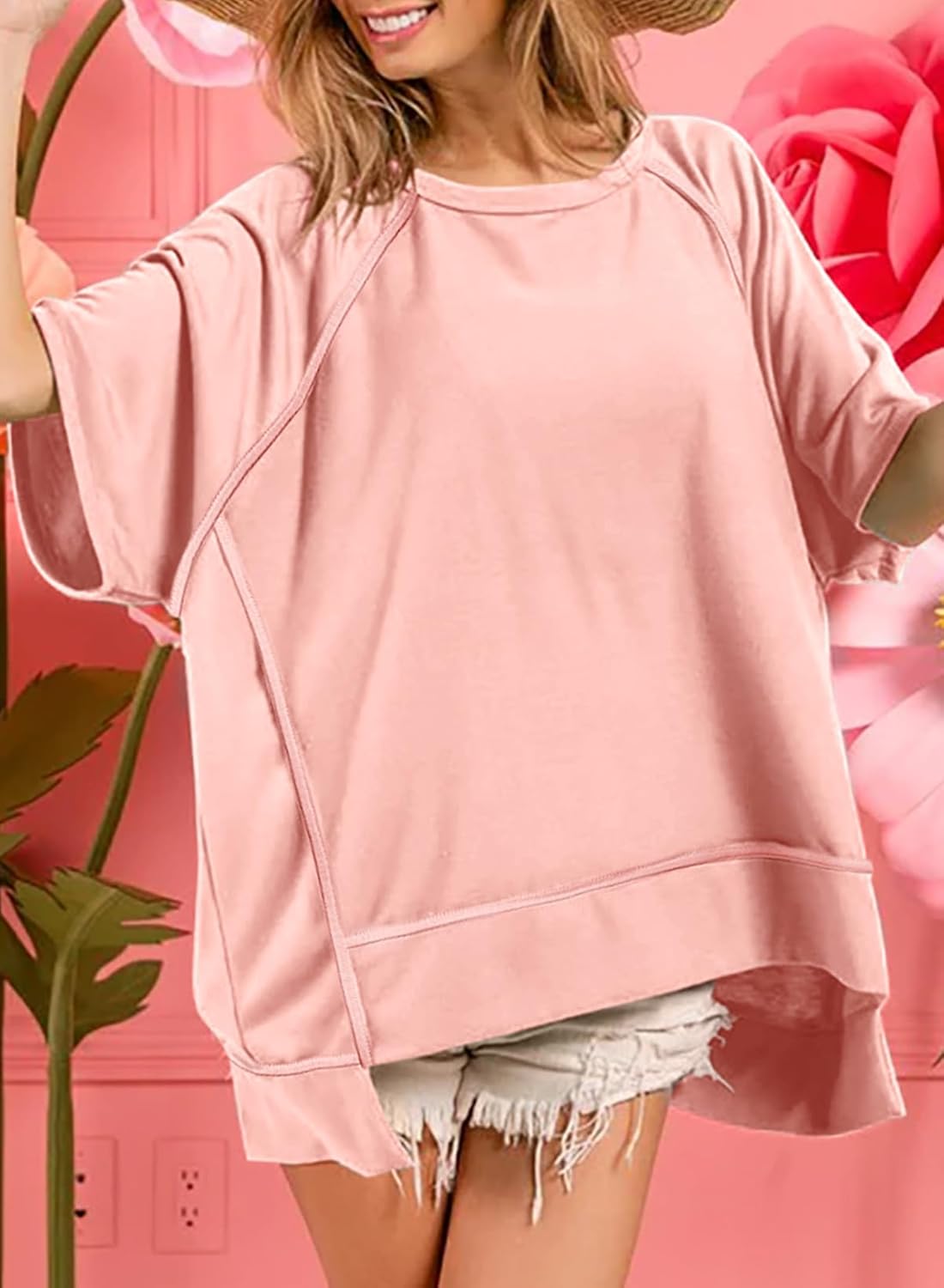 Crewneck Short Sleeve Casual Summer Tops Lightweight Loose High Low Blouse