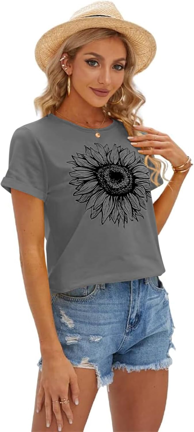 Women's T Shirts Short Sleeve Tees Sunflower Graphic Loose Summer Tops