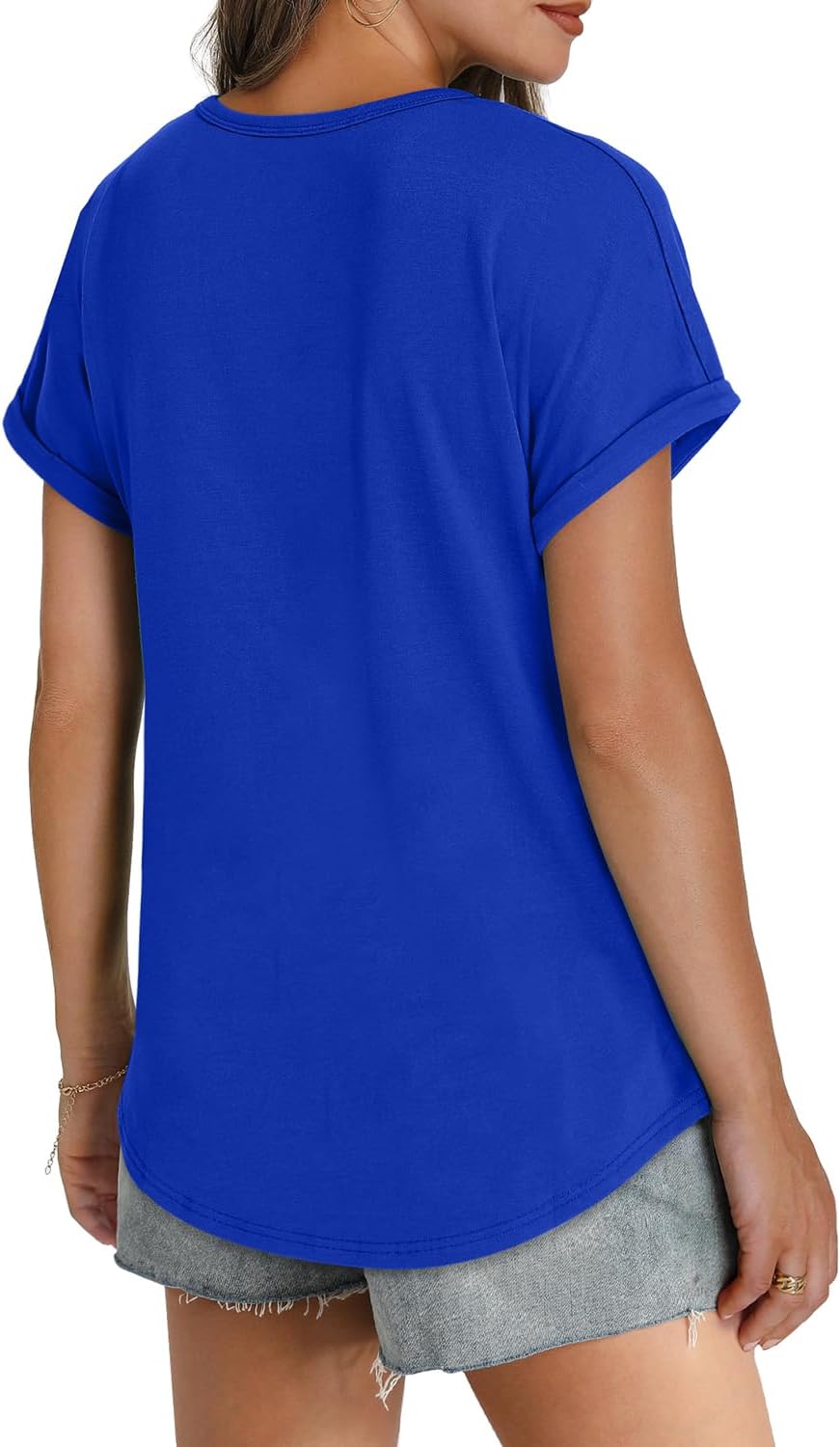 Womens T Shirts Crew Neck Rolled Short Sleeve Basic Summer Tees Curved Hem