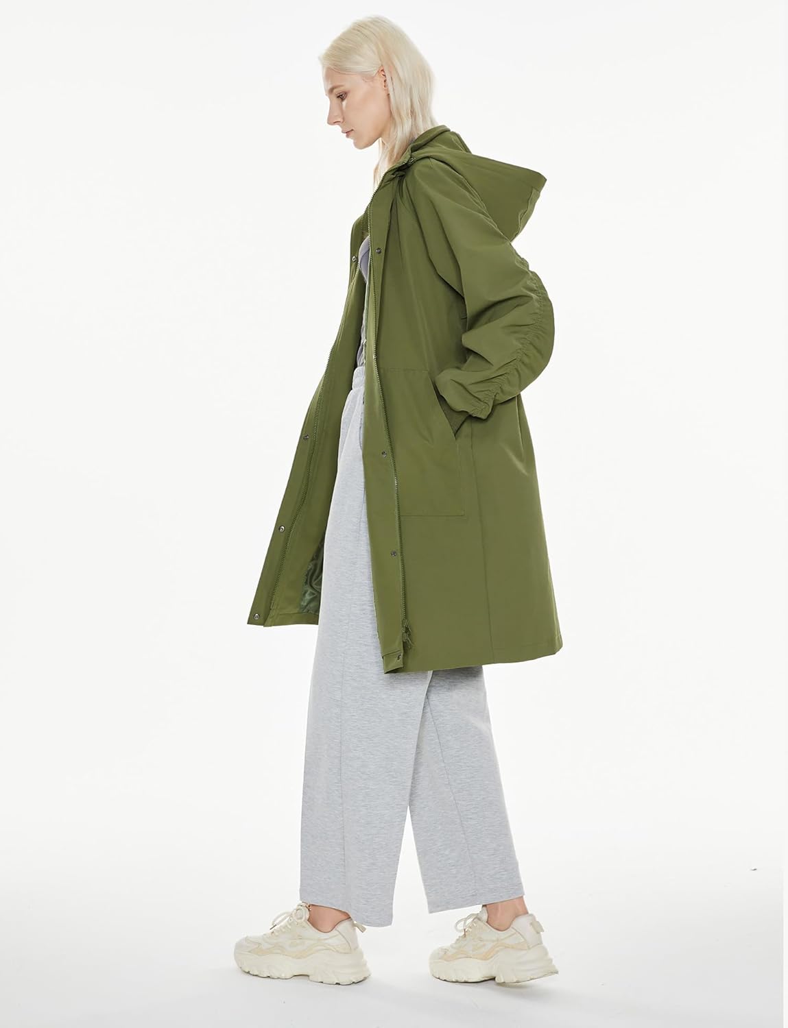 Womens Casual Hooded Raincoat Lightweight Long Zip Up Windbreaker Jacket with Belt