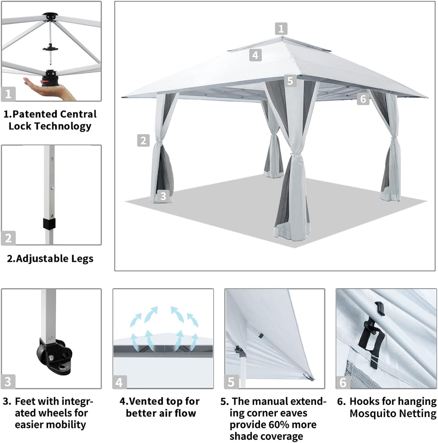 13x13 Pop Up Gazebo Canopy Tent with Wheeled Storage Bag Grey