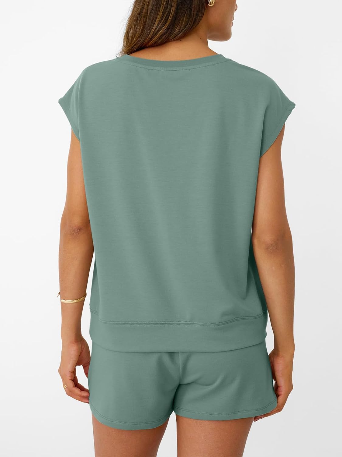 Womens Crew Neck Two Piece short Sets Cap Sleeve Drawstring Sweatsuit with Pocket