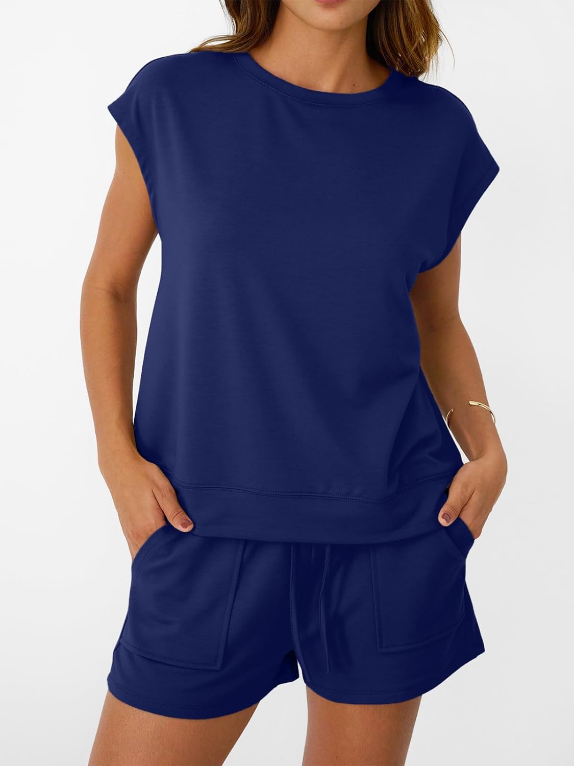 Womens Crew Neck Two Piece short Sets Cap Sleeve Drawstring Sweatsuit with Pocket