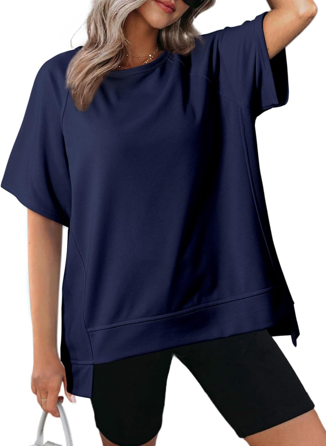 Crewneck Short Sleeve Casual Summer Tops Lightweight Loose High Low Blouse