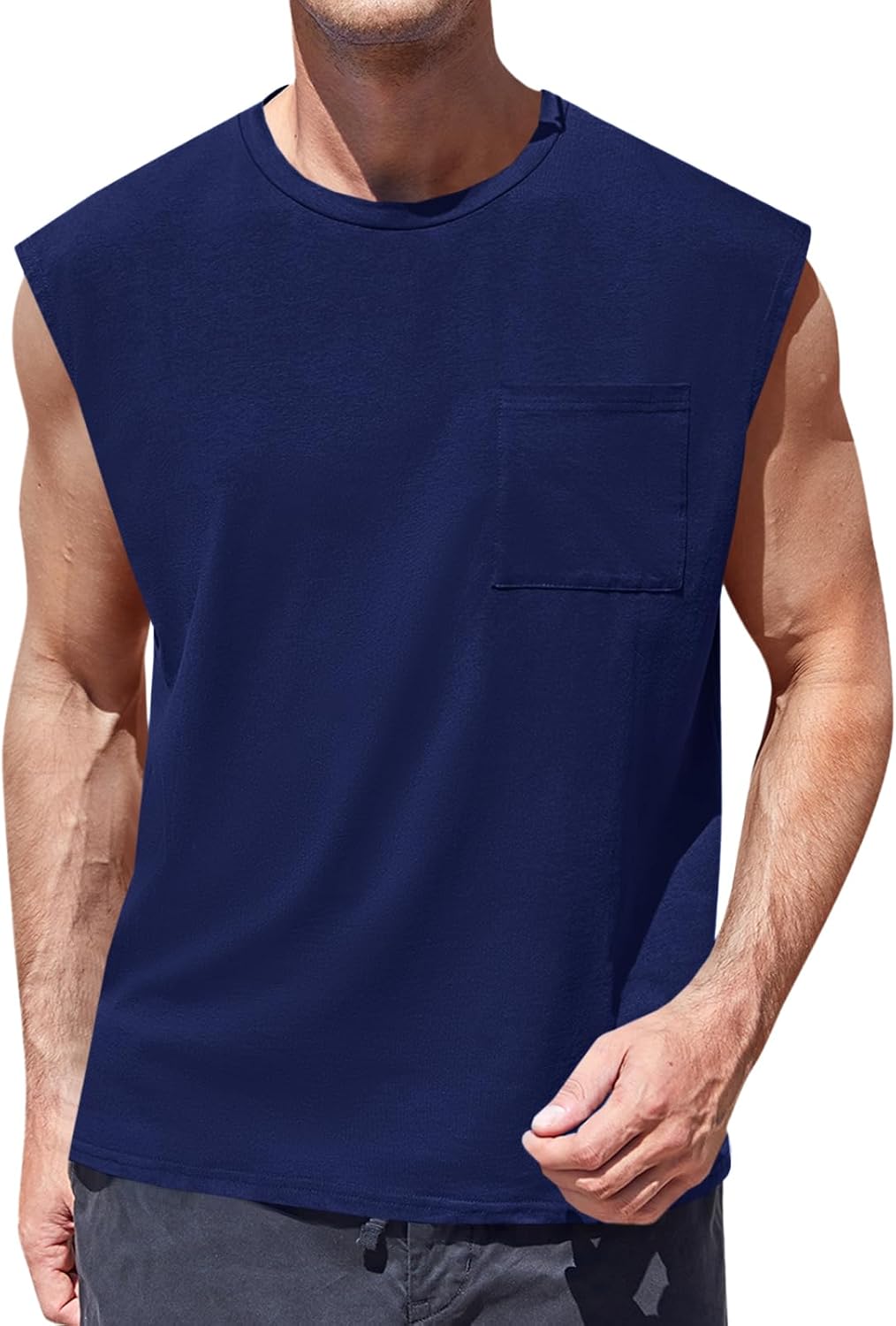 Mens Sleeveless Tank Tops Workout Cut Off Shirts Muscle Gym T Shirts with Pocket