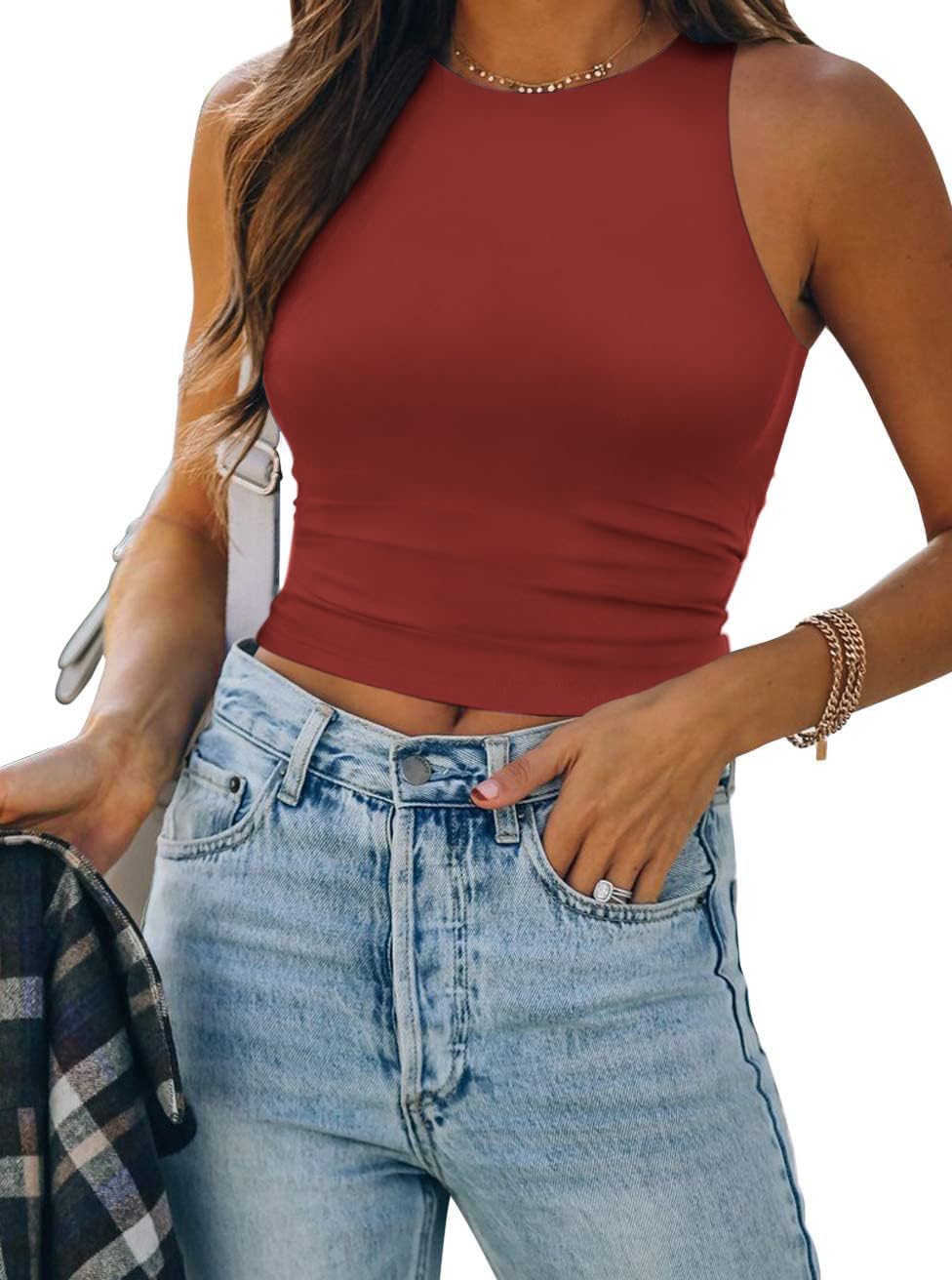 Womens Double Lined Crop Tank Tops Casual Basic Shirts Sleeveless Tops