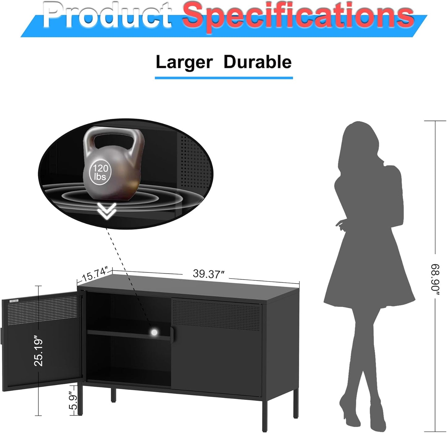 2 Door Storage Sideboard Metal Storage Cabinet with 2 Adjustable Shelf