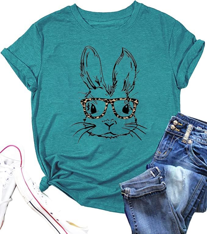 Funny Bunny Print T Shirt for Women Cute Grapic Leopard Shirts Family Blouse Gifts Easter Tops Tee