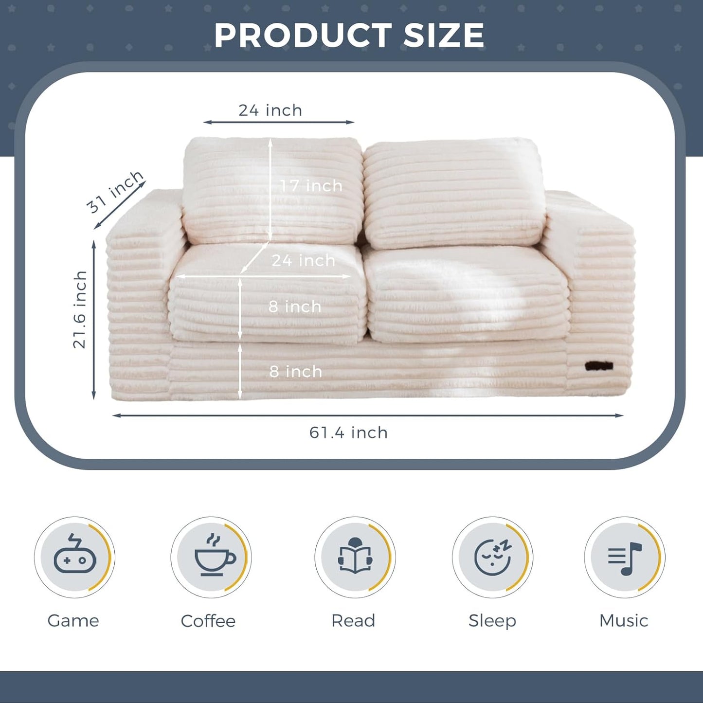 Plush Giant Bean Bag Sofa for Adults Floor Loveseat Chair with Armrests White